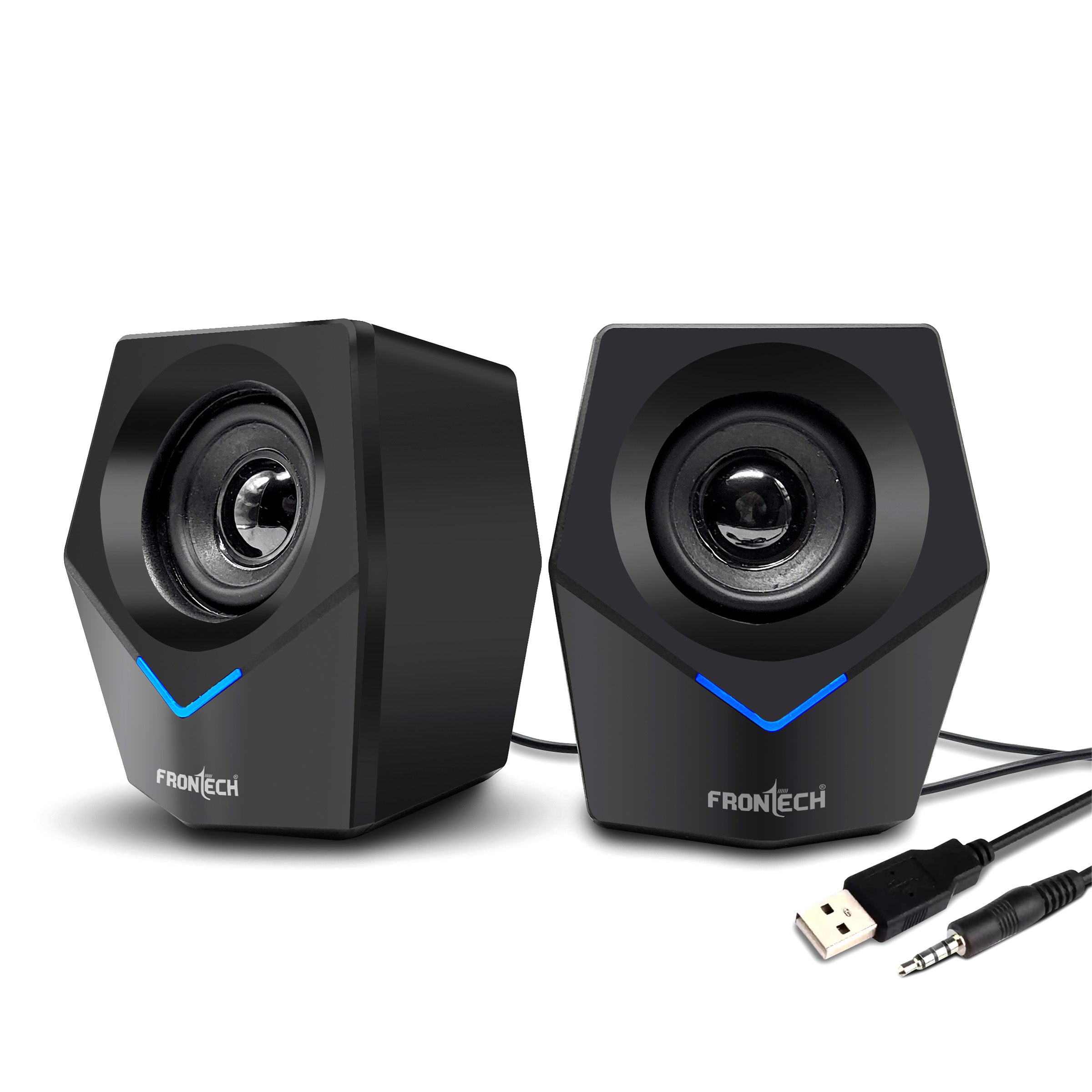 Frontech 2.0 Multimedia Speakers: 10W USB-Powered PC/Laptop/Mobile Speakers with 3.5mm AUX & Blue LED Lighting. (SPK-0011) Frontech 2.0 Multimedia Speakers: 10W USB-Powered PC/Laptop/Mobile Speakers with 3.5mm AUX & Blue LED Lighting. (SPK-0011)